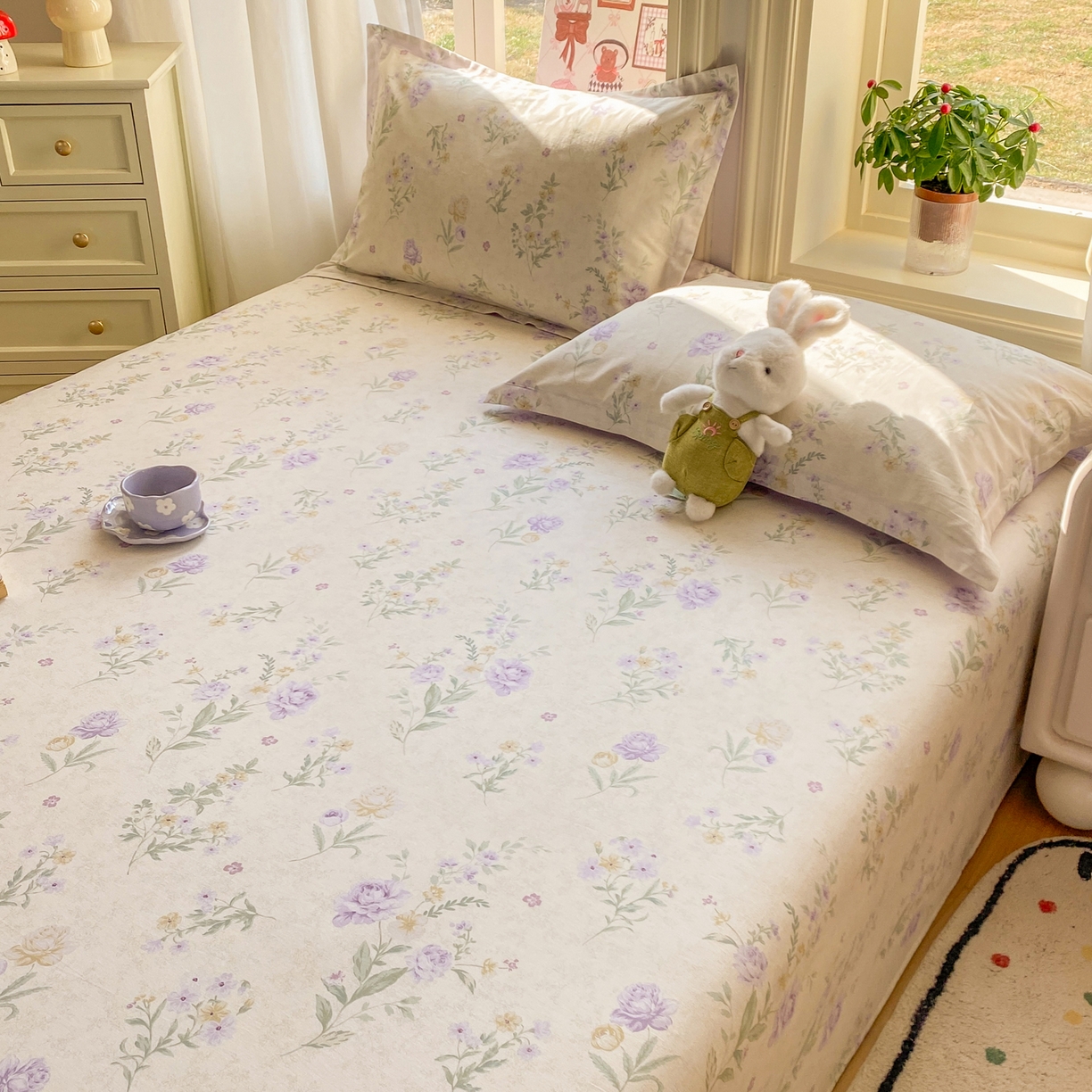 91家纺网 家纺一手货源 找家纺 女子家纺 2026新款全棉纯棉印花花卉款床单单品床单单件 芜晴花紫