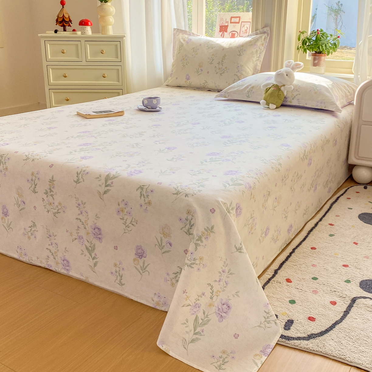 91家纺网 家纺一手货源 找家纺 女子家纺 2026新款全棉纯棉印花花卉款床单单品床单单件 芜晴花紫