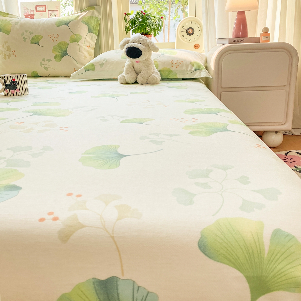 91家纺网 家纺一手货源 找家纺 女子家纺 2026新款全棉纯棉印花花卉款床单单品床单单件 青绿银杏