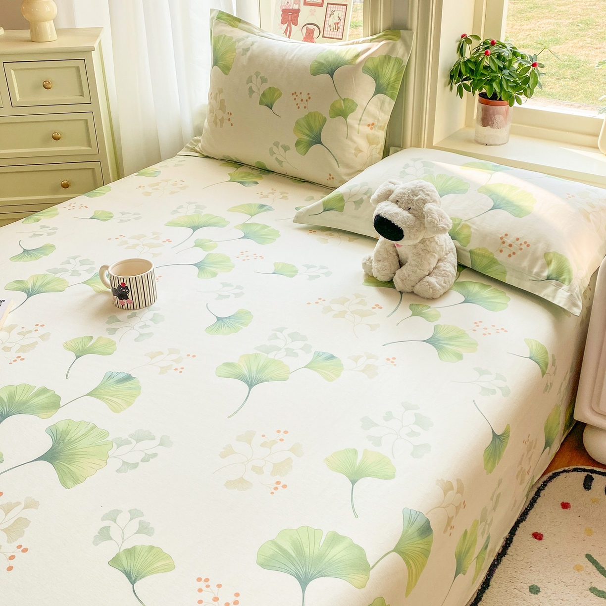 91家纺网 家纺一手货源 找家纺 女子家纺 2026新款全棉纯棉印花花卉款床单单品床单单件 青绿银杏