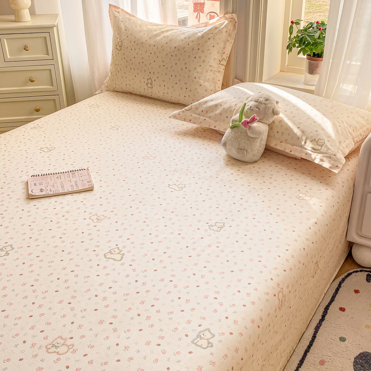 91家纺网 家纺一手货源 找家纺 女子家纺 2026新款全棉纯棉印花花卉款床单单品床单单件 玫瑰小狗