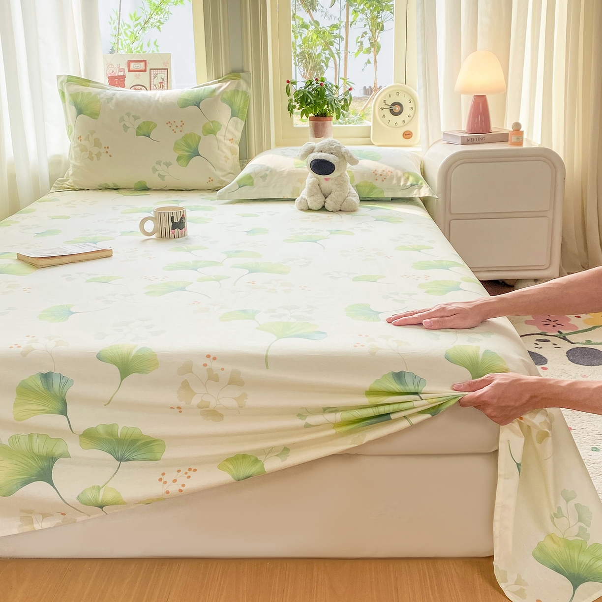 91家纺网 家纺一手货源 找家纺 女子家纺 2026新款全棉纯棉印花花卉款床单单品床单单件 青绿银杏