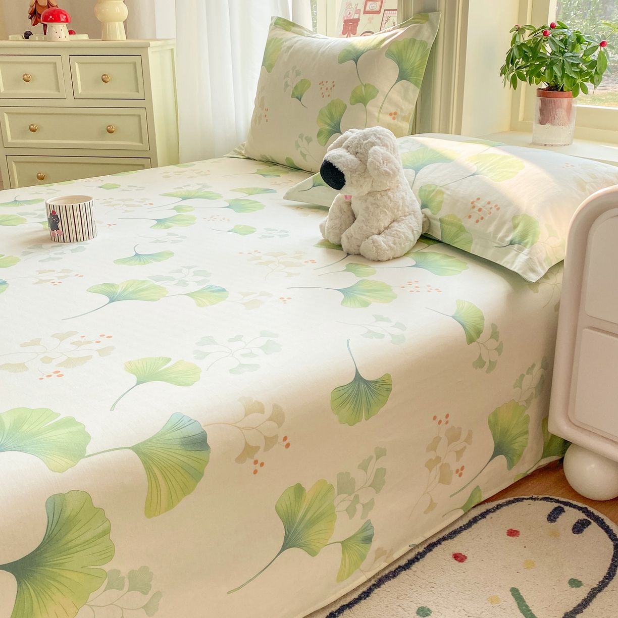 91家纺网 家纺一手货源 找家纺 女子家纺 2026新款全棉纯棉印花花卉款床单单品床单单件 青绿银杏