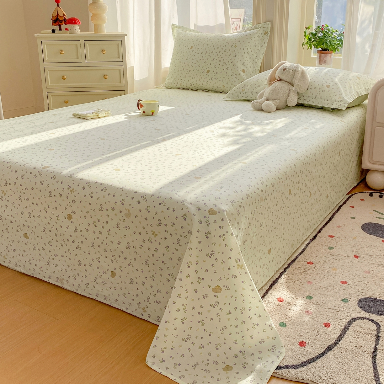 91家纺网 家纺一手货源 找家纺 女子家纺 2026新款全棉纯棉印花花卉款床单单品床单单件 微花耳耳蓝