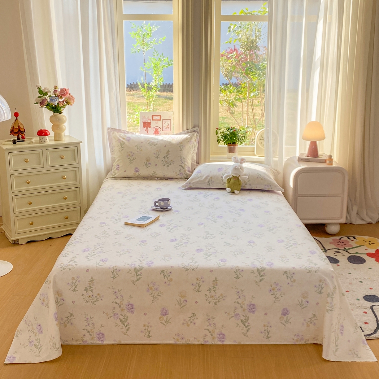 91家纺网 家纺一手货源 找家纺 女子家纺 2026新款全棉纯棉印花花卉款床单单品床单单件 芜晴花紫