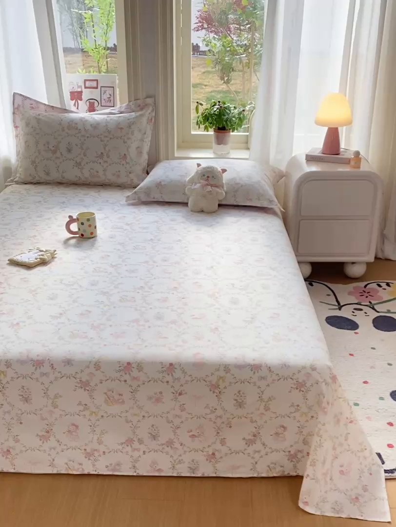 91家纺网 家纺一手货源 找家纺 女子家纺 2026新款全棉纯棉印花花卉款床单单品床单单件 童话花町