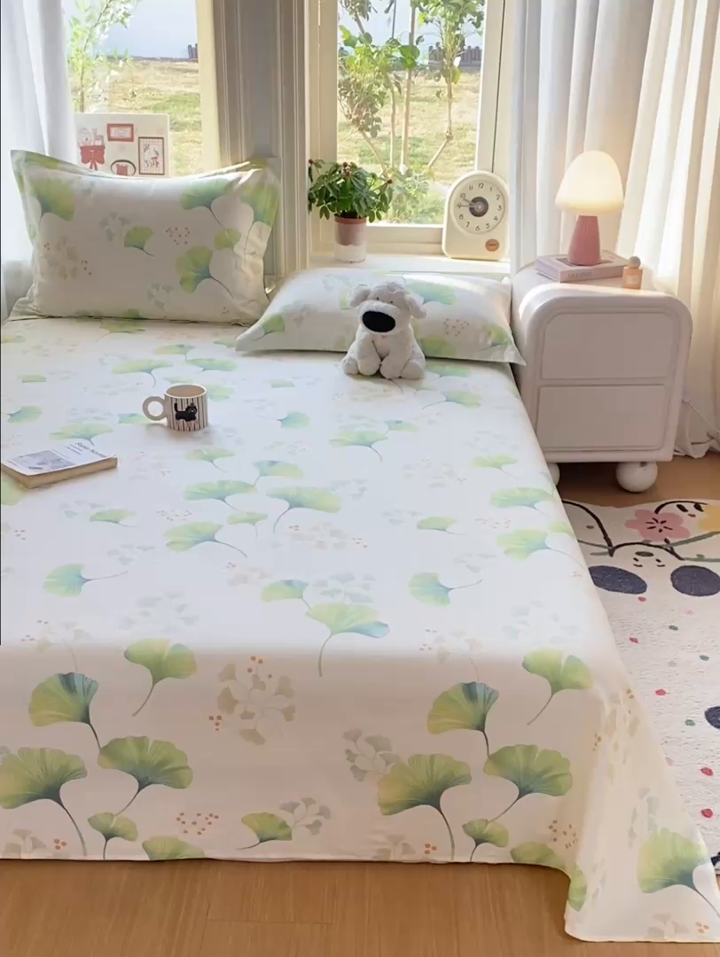 91家纺网 家纺一手货源 找家纺 女子家纺 2026新款全棉纯棉印花花卉款床单单品床单单件 青绿银杏