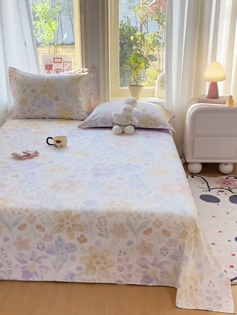 91家纺网 家纺一手货源 找家纺 女子家纺 2026新款全棉纯棉印花花卉款床单单品床单单件 柔色花笺