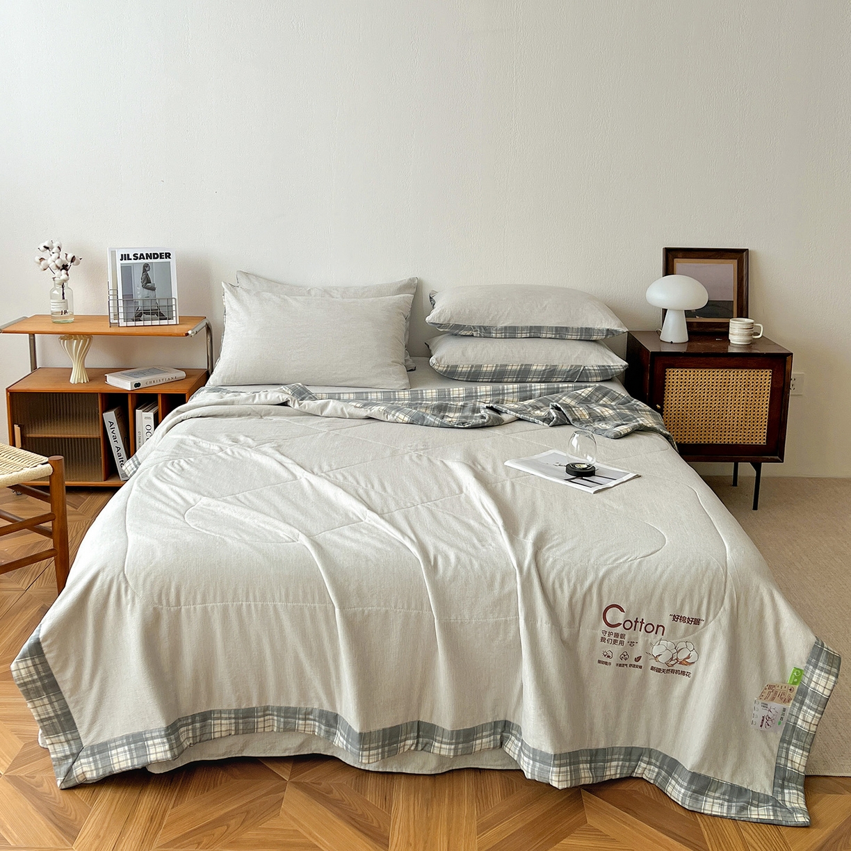 91家纺网 家纺一手货源 找家纺 云玲时尚 2026新款100%新疆棉花水洗色织夏被四件套 灰色