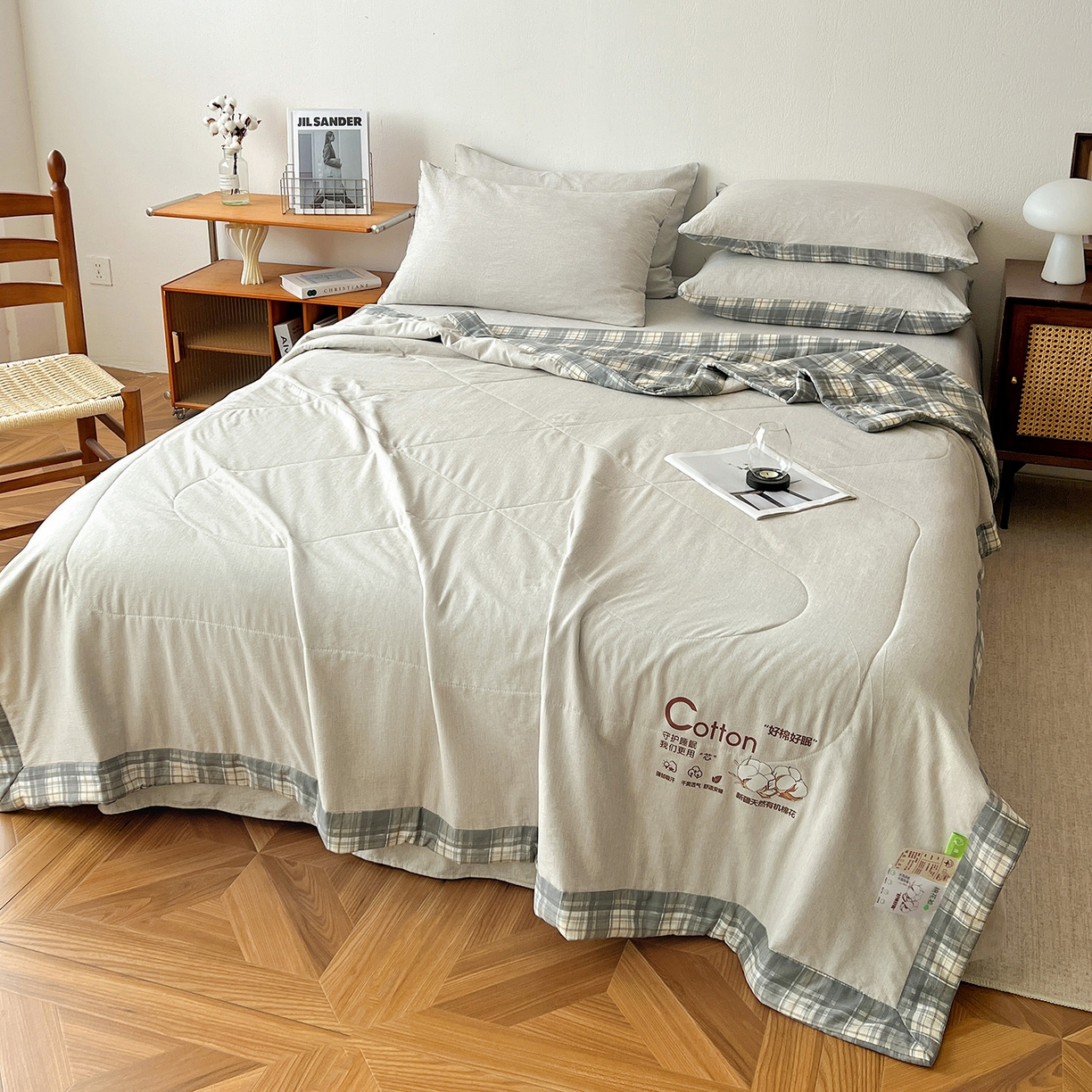 91家纺网 家纺一手货源 找家纺 云玲时尚 2026新款100%新疆棉花水洗色织夏被四件套 灰色