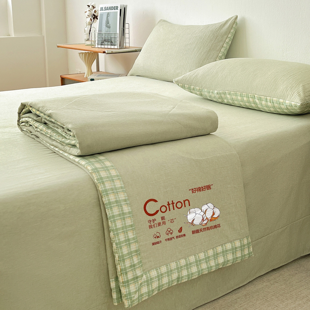 云玲时尚 2026新款100%新疆棉花水洗色织夏被四件套 橄榄绿