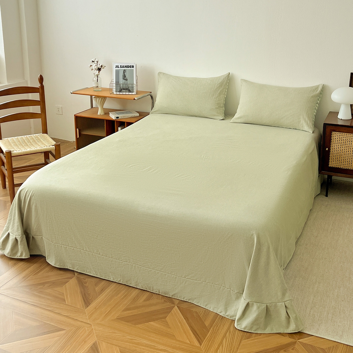 91家纺网 家纺一手货源 找家纺 云玲时尚 2026新款100%新疆棉花水洗色织夏被四件套 橄榄绿