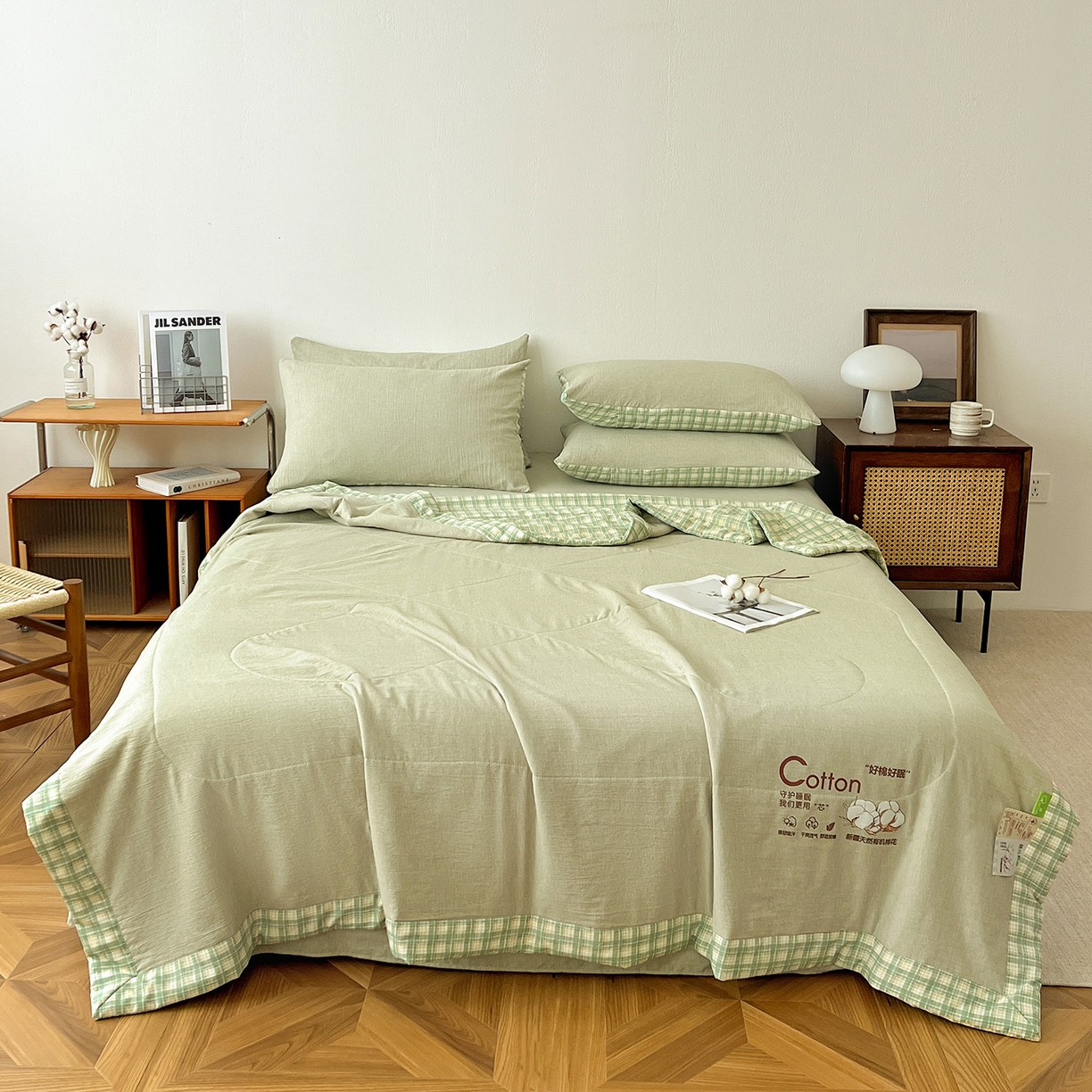 91家纺网 家纺一手货源 找家纺 云玲时尚 2026新款100%新疆棉花水洗色织夏被四件套 橄榄绿