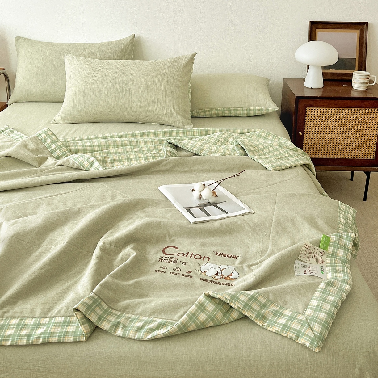 91家纺网 家纺一手货源 找家纺 云玲时尚 2026新款100%新疆棉花水洗色织夏被四件套 橄榄绿