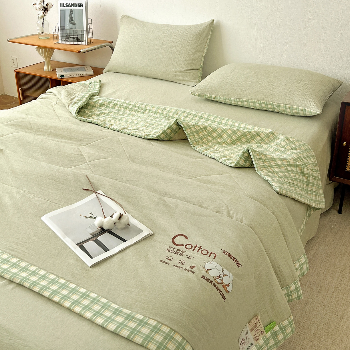 91家纺网 家纺一手货源 找家纺 云玲时尚 2026新款100%新疆棉花水洗色织夏被四件套 橄榄绿