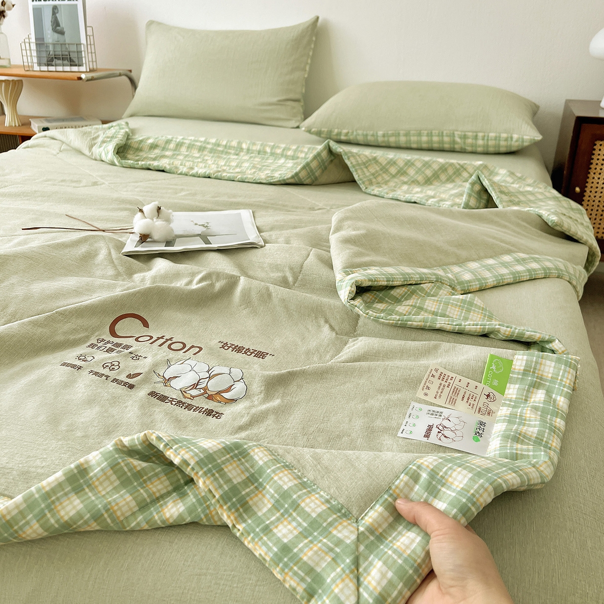 91家纺网 家纺一手货源 找家纺 云玲时尚 2026新款100%新疆棉花水洗色织夏被四件套 橄榄绿