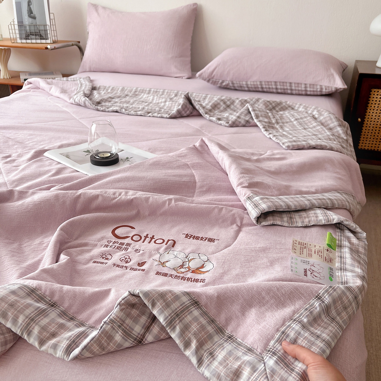 91家纺网 家纺一手货源 找家纺 云玲时尚 2026新款100%新疆棉花水洗色织夏被四件套 葡萄紫