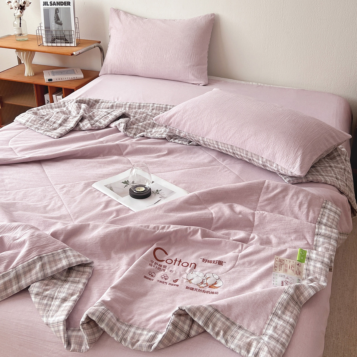 91家纺网 家纺一手货源 找家纺 云玲时尚 2026新款100%新疆棉花水洗色织夏被四件套 葡萄紫