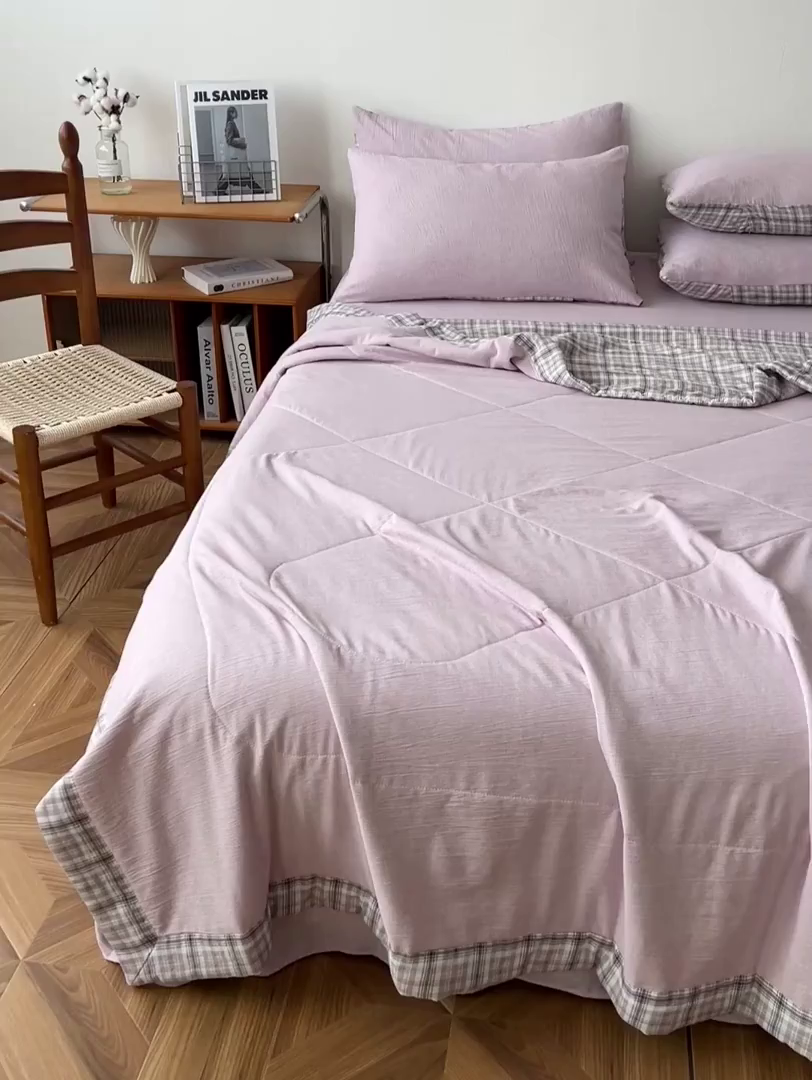 91家纺网 家纺一手货源 找家纺 云玲时尚 2026新款100%新疆棉花水洗色织夏被四件套 葡萄紫