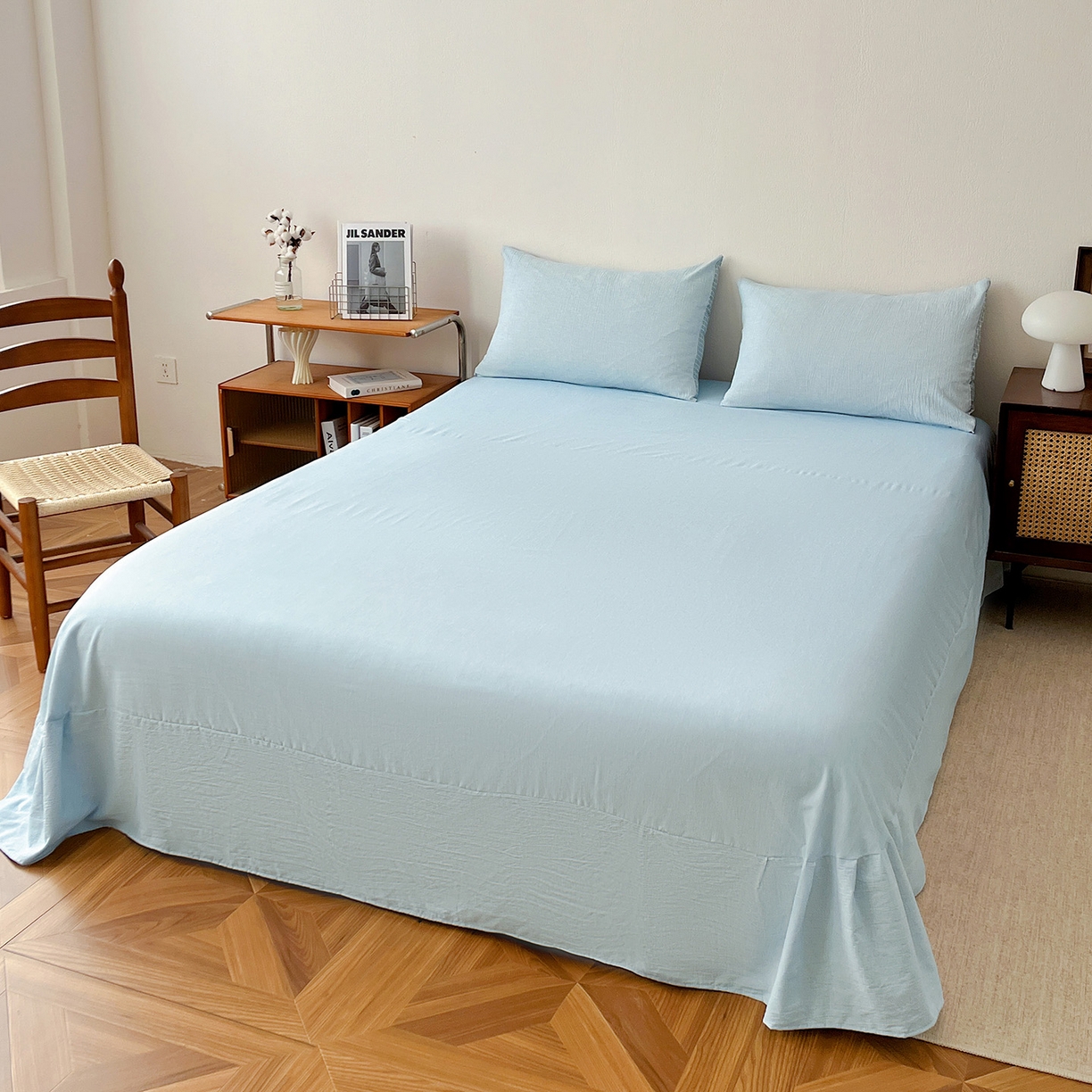 91家纺网 家纺一手货源 找家纺 云玲时尚 2026新款100%新疆棉花水洗色织夏被四件套 浅蓝