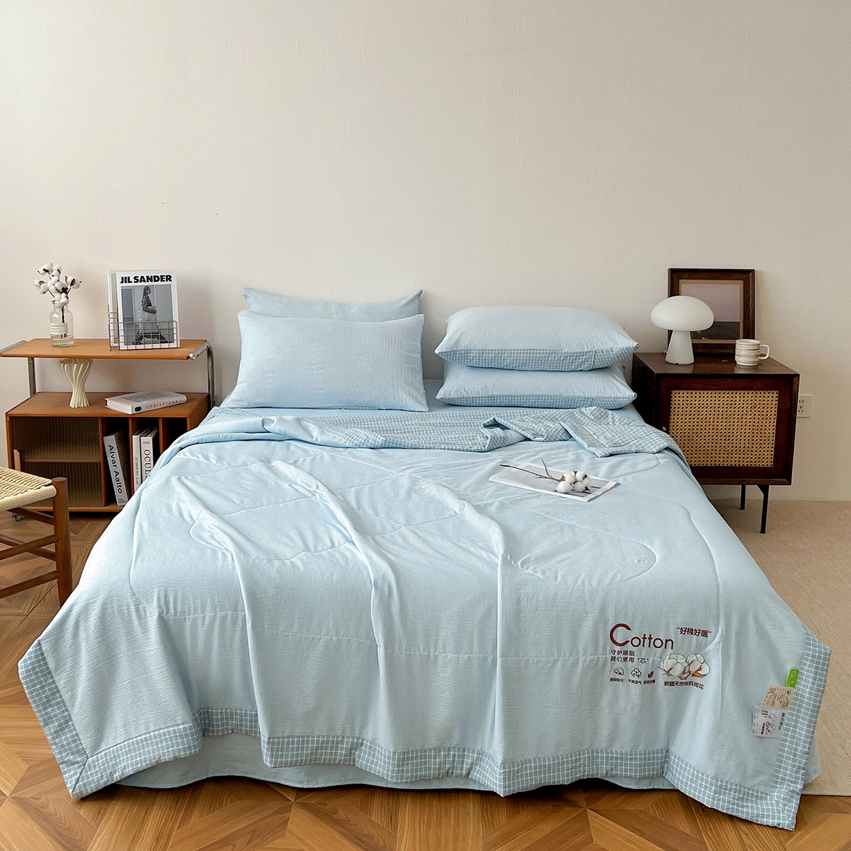 91家纺网 家纺一手货源 找家纺 云玲时尚 2026新款100%新疆棉花水洗色织夏被四件套 浅蓝