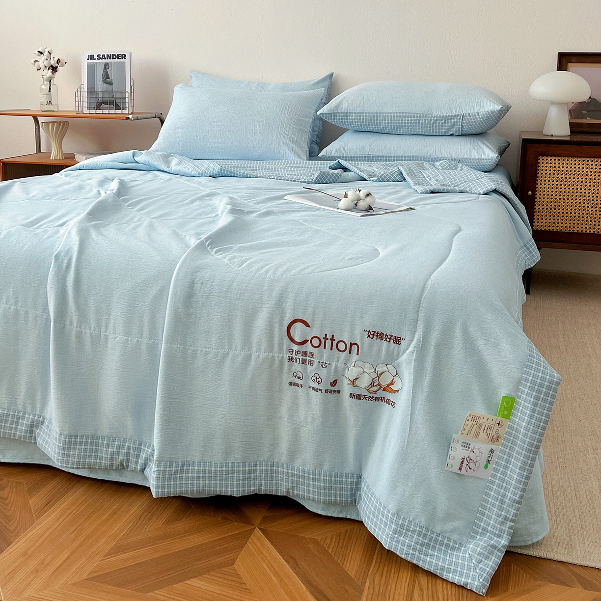 91家纺网 家纺一手货源 找家纺 云玲时尚 2026新款100%新疆棉花水洗色织夏被四件套 浅蓝
