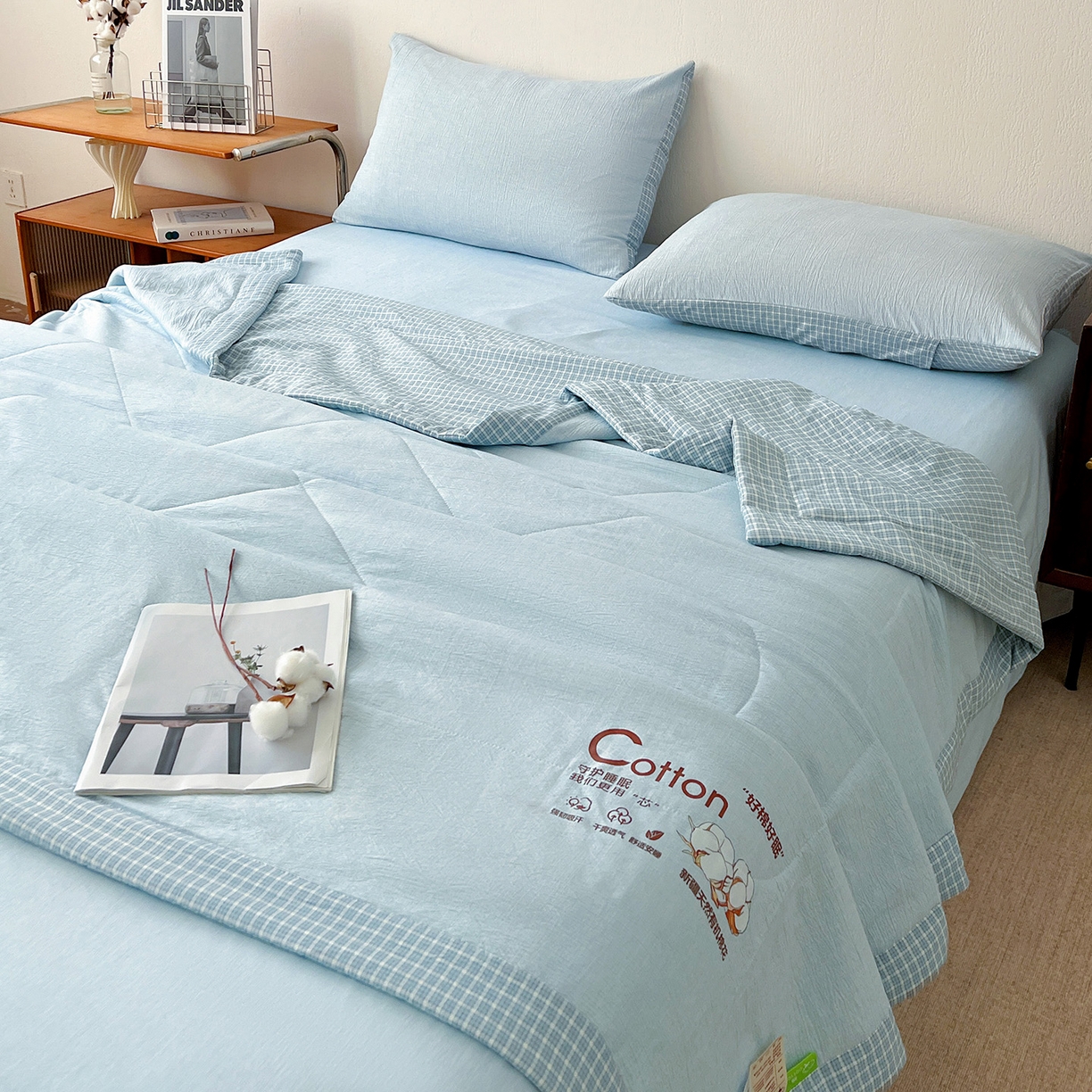 91家纺网 家纺一手货源 找家纺 云玲时尚 2026新款100%新疆棉花水洗色织夏被四件套 浅蓝