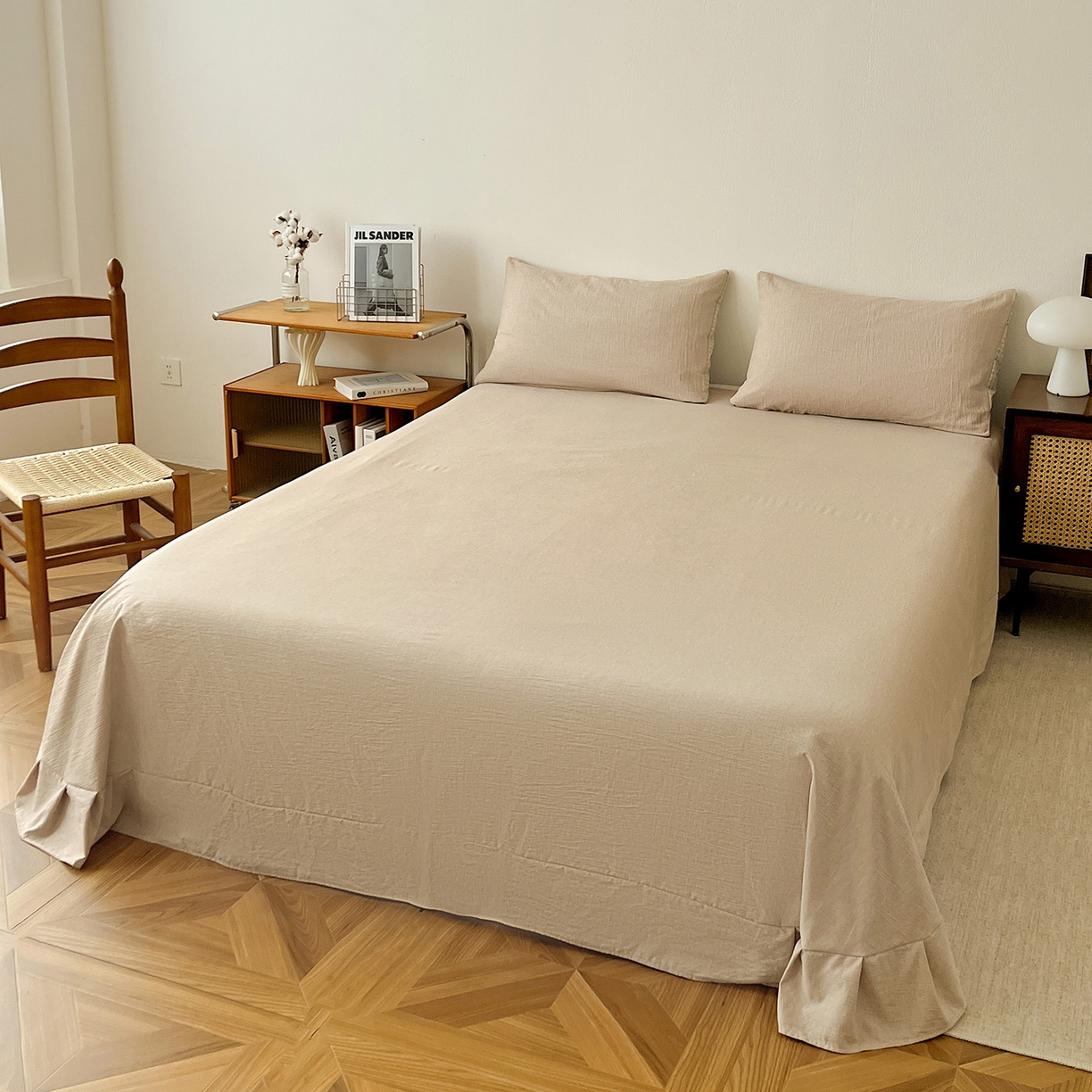 91家纺网 家纺一手货源 找家纺 云玲时尚 2026新款100%新疆棉花水洗色织夏被四件套 杏色