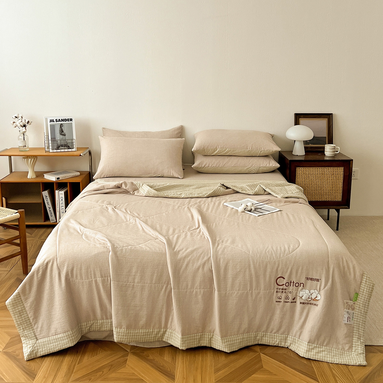 91家纺网 家纺一手货源 找家纺 云玲时尚 2026新款100%新疆棉花水洗色织夏被四件套 杏色