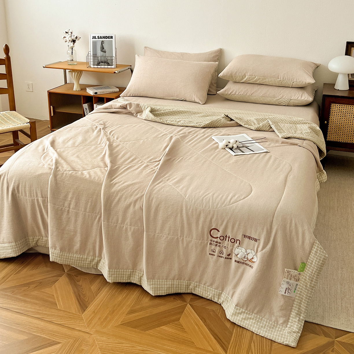 91家纺网 家纺一手货源 找家纺 云玲时尚 2026新款100%新疆棉花水洗色织夏被四件套 杏色