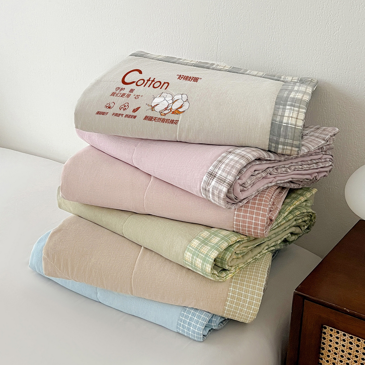 91家纺网 家纺一手货源 找家纺 云玲时尚 2026新款100%新疆棉花水洗色织夏被四件套 组合图