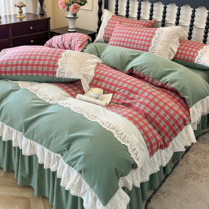 91家纺网 家纺一手货源 找家纺 （总）好儿喜家纺 2026新款纯棉磨毛法式花边床裙四件套-布兰卡