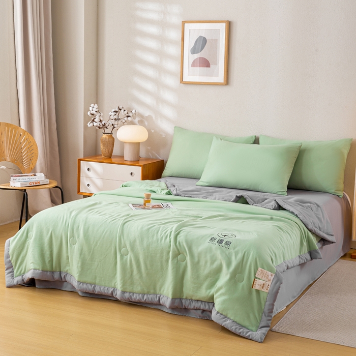 91家纺网 家纺一手货源 找家纺 憨豆家纺 2026春夏新款 水洗棉纯色双拼棉花被夏凉被空调被（常年有货款） 棉朵-抹茶灰