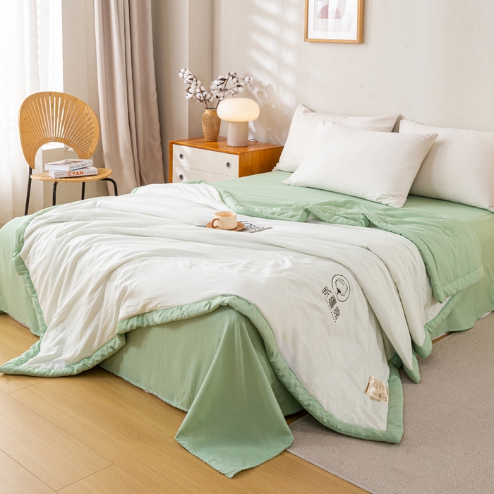 91家纺网 家纺一手货源 找家纺 憨豆家纺 2026春夏新款 水洗棉纯色双拼棉花被夏凉被空调被（常年有货款） 棉朵-果绿白