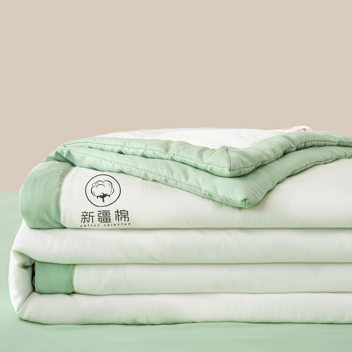 91家纺网 家纺一手货源 找家纺 憨豆家纺 2026春夏新款 水洗棉纯色双拼棉花被夏凉被空调被（常年有货款） 棉朵-果绿白