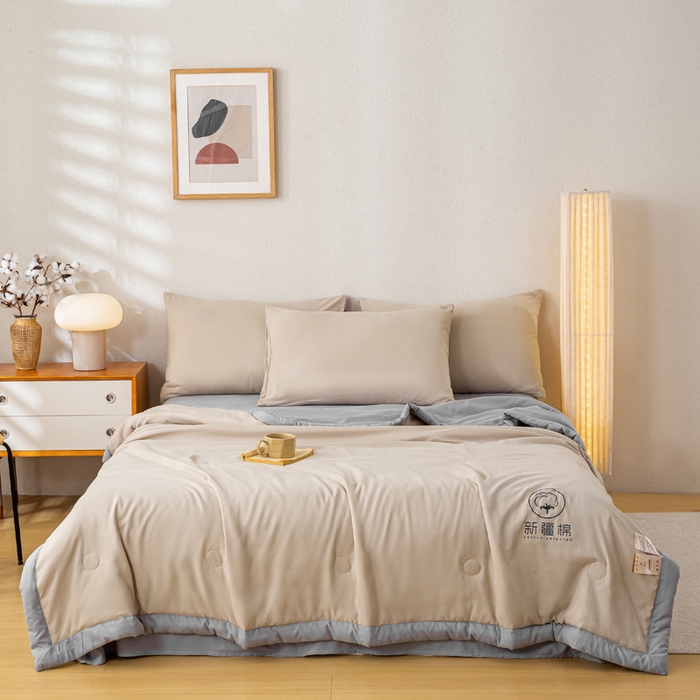 91家纺网 家纺一手货源 找家纺 憨豆家纺 2026春夏新款 水洗棉纯色双拼棉花被夏凉被空调被（常年有货款） 棉朵-卡其灰