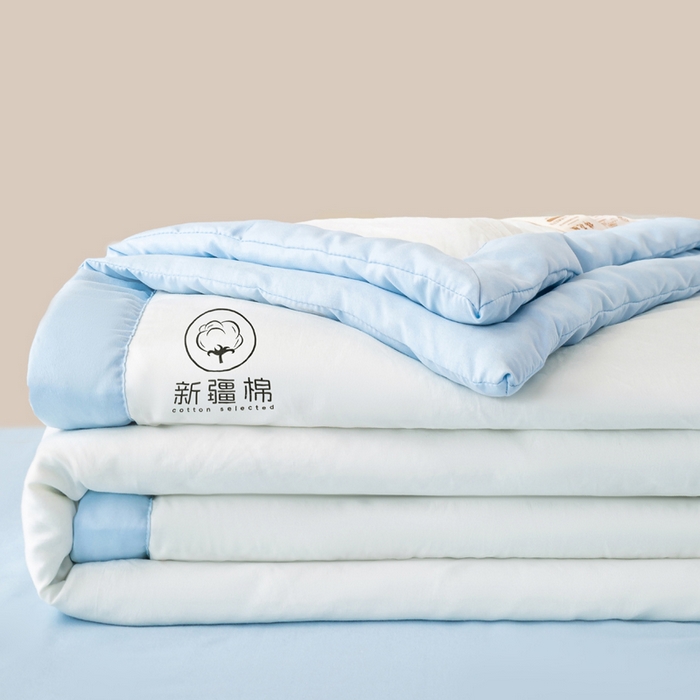 91家纺网 家纺一手货源 找家纺 憨豆家纺 2026春夏新款 水洗棉纯色双拼棉花被夏凉被空调被（常年有货款） 棉朵-蓝白