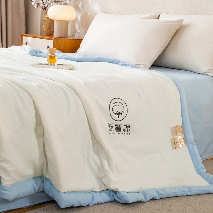 91家纺网 家纺一手货源 找家纺 憨豆家纺 2026春夏新款 水洗棉纯色双拼棉花被夏凉被空调被（常年有货款） 棉朵-蓝白