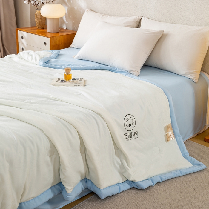 91家纺网 家纺一手货源 找家纺 憨豆家纺 2026春夏新款 水洗棉纯色双拼棉花被夏凉被空调被（常年有货款） 棉朵-蓝白