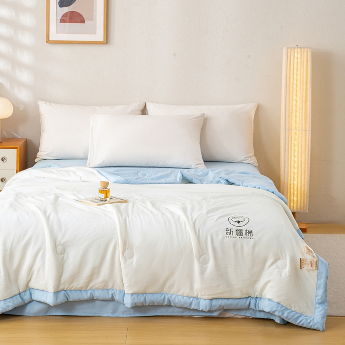 91家纺网 家纺一手货源 找家纺 憨豆家纺 2026春夏新款 水洗棉纯色双拼棉花被夏凉被空调被（常年有货款） 棉朵-蓝白