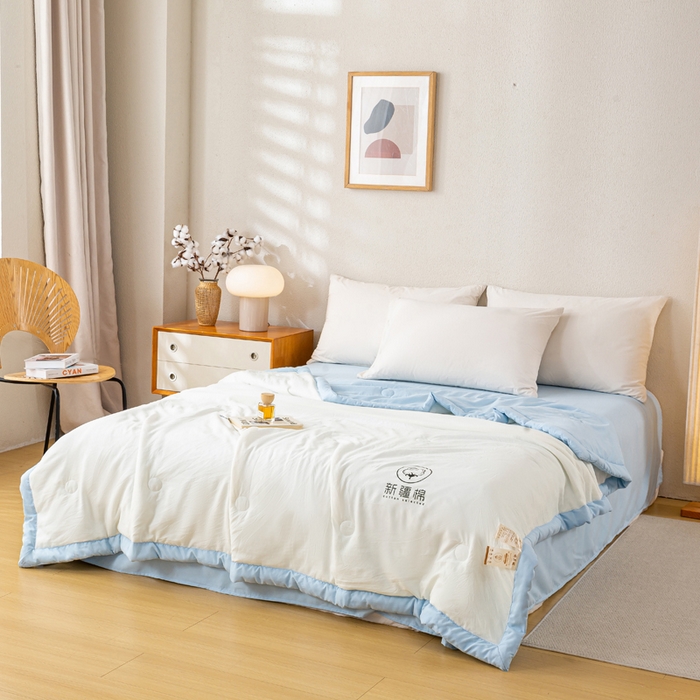 91家纺网 家纺一手货源 找家纺 憨豆家纺 2026春夏新款 水洗棉纯色双拼棉花被夏凉被空调被（常年有货款） 棉朵-蓝白