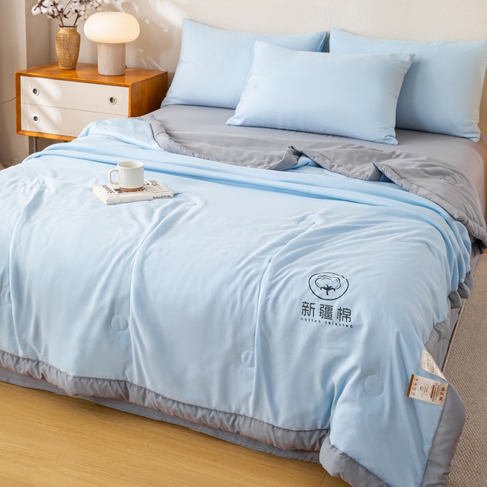 91家纺网 家纺一手货源 找家纺 憨豆家纺 2026春夏新款 水洗棉纯色双拼棉花被夏凉被空调被（常年有货款） 棉朵-蓝灰