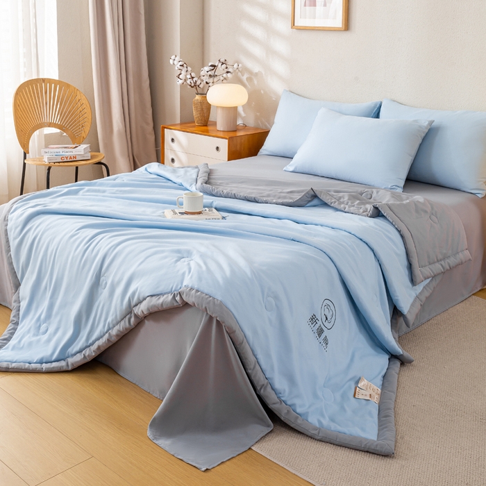 91家纺网 家纺一手货源 找家纺 憨豆家纺 2026春夏新款 水洗棉纯色双拼棉花被夏凉被空调被（常年有货款） 棉朵-蓝灰