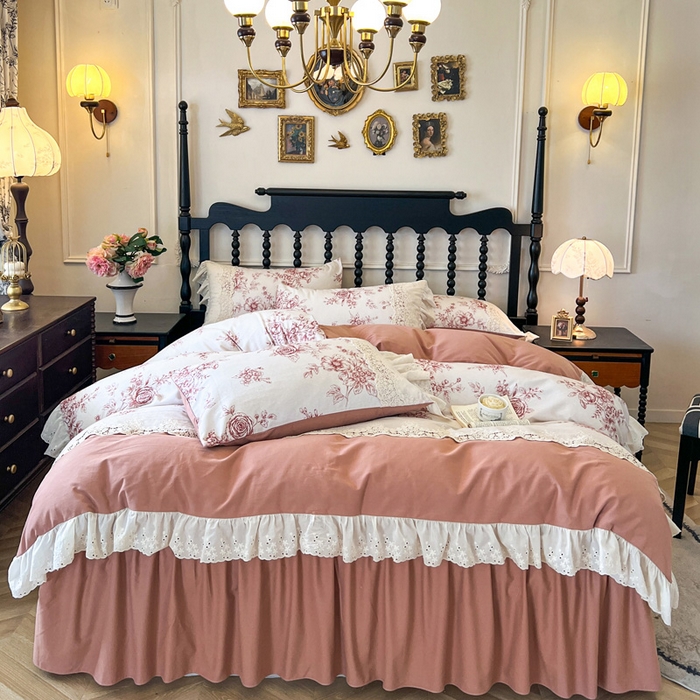 91家纺网 家纺一手货源 找家纺 （总）好儿喜家纺 2026新款纯棉磨毛法式花边床裙四件套-秘密花园