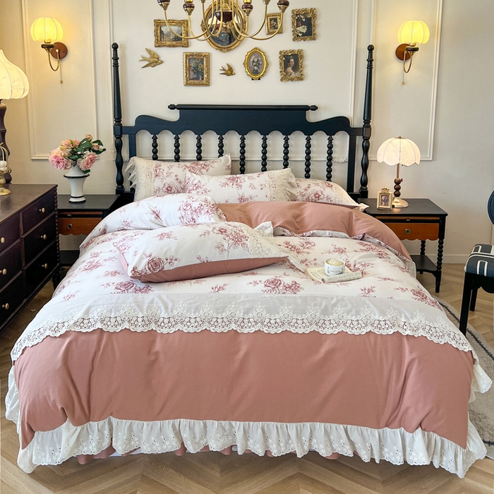 91家纺网 家纺一手货源 找家纺 （总）好儿喜家纺 2026新款纯棉磨毛法式花边床裙四件套-秘密花园