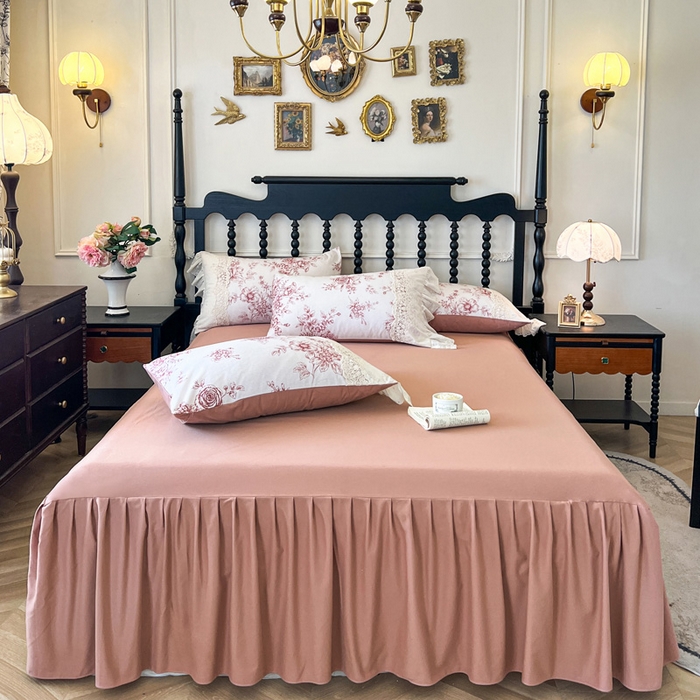 91家纺网 家纺一手货源 找家纺 （总）好儿喜家纺 2026新款纯棉磨毛法式花边床裙四件套-秘密花园