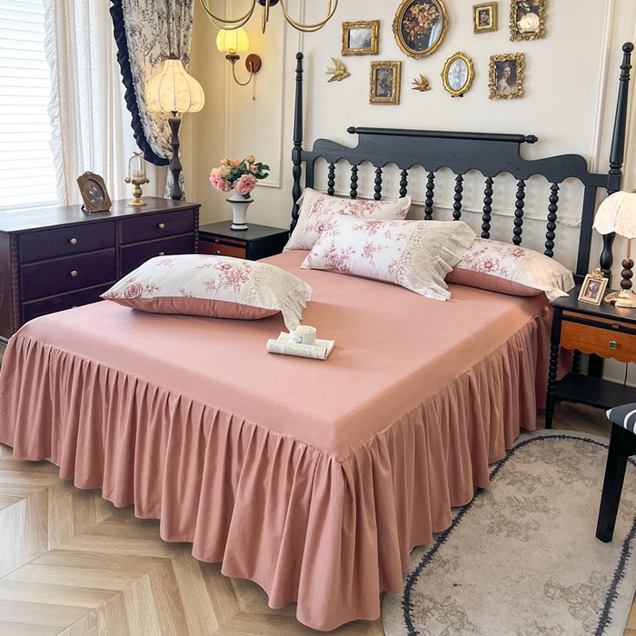 91家纺网 家纺一手货源 找家纺 （总）好儿喜家纺 2026新款纯棉磨毛法式花边床裙四件套-秘密花园