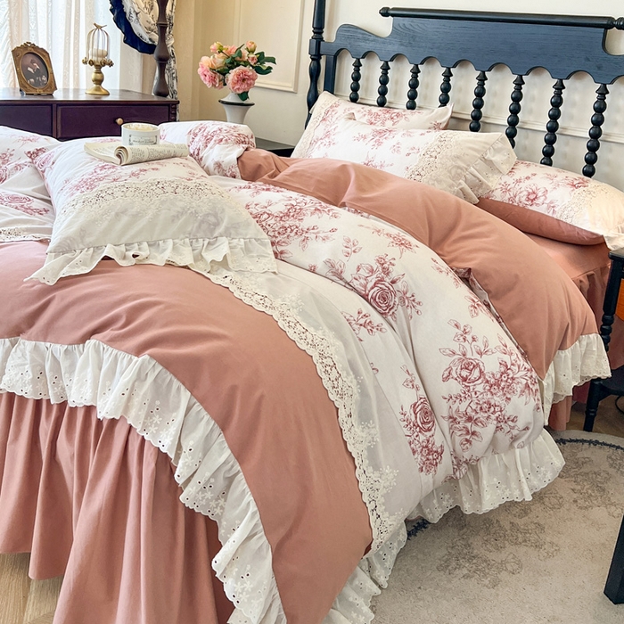 91家纺网 家纺一手货源 找家纺 （总）好儿喜家纺 2026新款纯棉磨毛法式花边床裙四件套-秘密花园