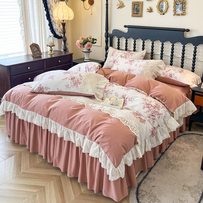 91家纺网 家纺一手货源 找家纺 （总）好儿喜家纺 2026新款纯棉磨毛法式花边床裙四件套-秘密花园