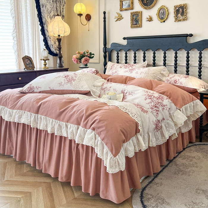 91家纺网 家纺一手货源 找家纺 （总）好儿喜家纺 2026新款纯棉磨毛法式花边床裙四件套-秘密花园